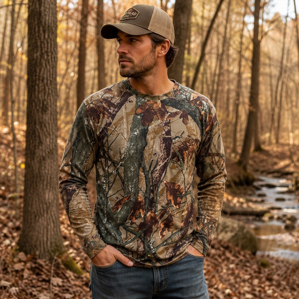 Outfitters Ridge Mens Large Camo Long Sleeve Pocket T-Shirt Fusion 3-D Hunting